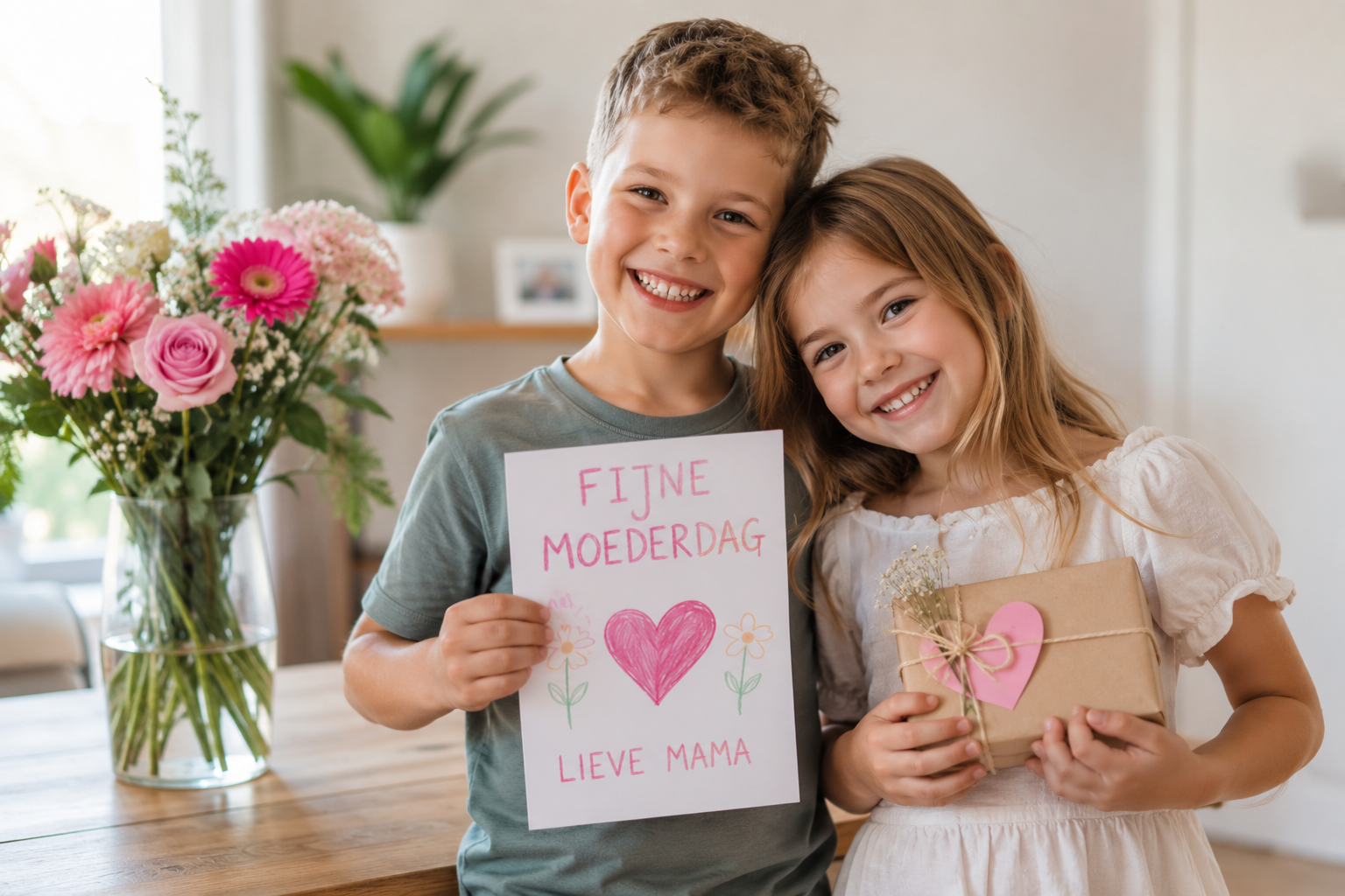 twee kinderen met zelfgemaakte cadeautjes voor moederdag
